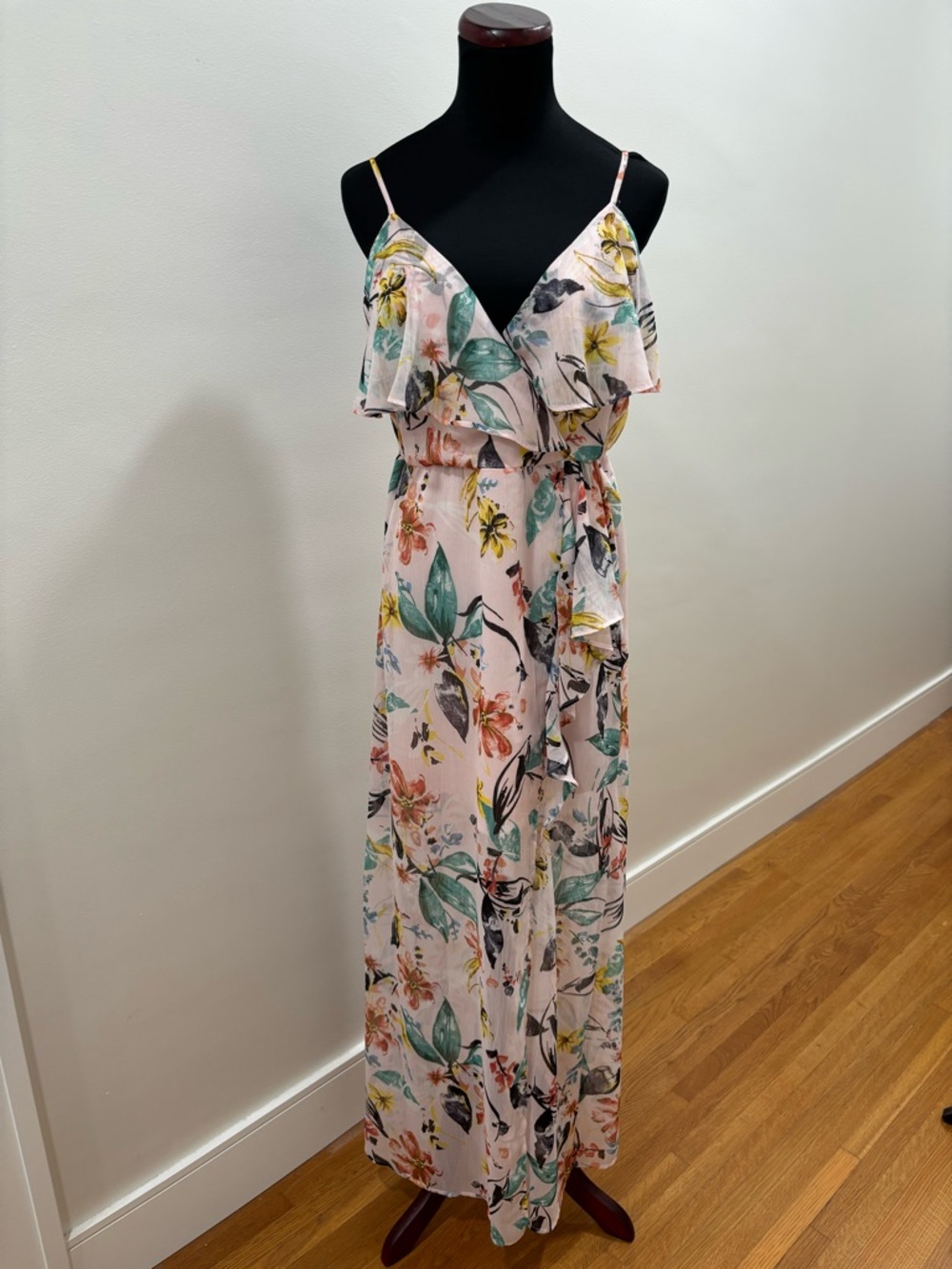 605. BCBGeneration Pink Floral Ruffle Maxi Dress